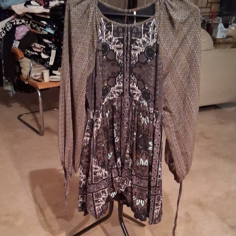 Free People Black and Gray Patterned Midi Dress